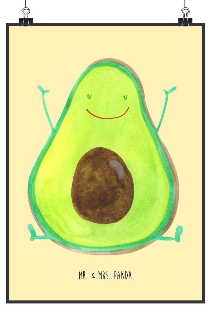 Mr. & Mrs. Panda Bild Avocado Glücklich DIN A3 - Gelb Pastell - Geschenk, Freude, Wanddekoration, Frucht, Chaos, wanddeko, Wandbild, Plakat, drucke