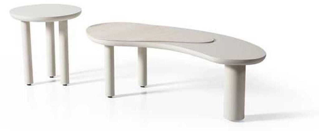 Moderner Set aus zwei Tischen mit runden Formen und hellen Tönen