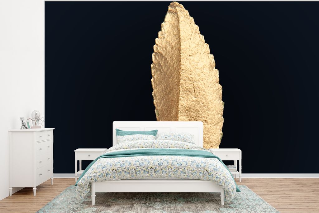 MuchoWow Fototapete für Wohnzimmer oder Schlafzimmer Wandtapete Vinyl Motivtapete Blätter - Schwarz und Gold - Luxus - Chic - Natur - 400x300 c...