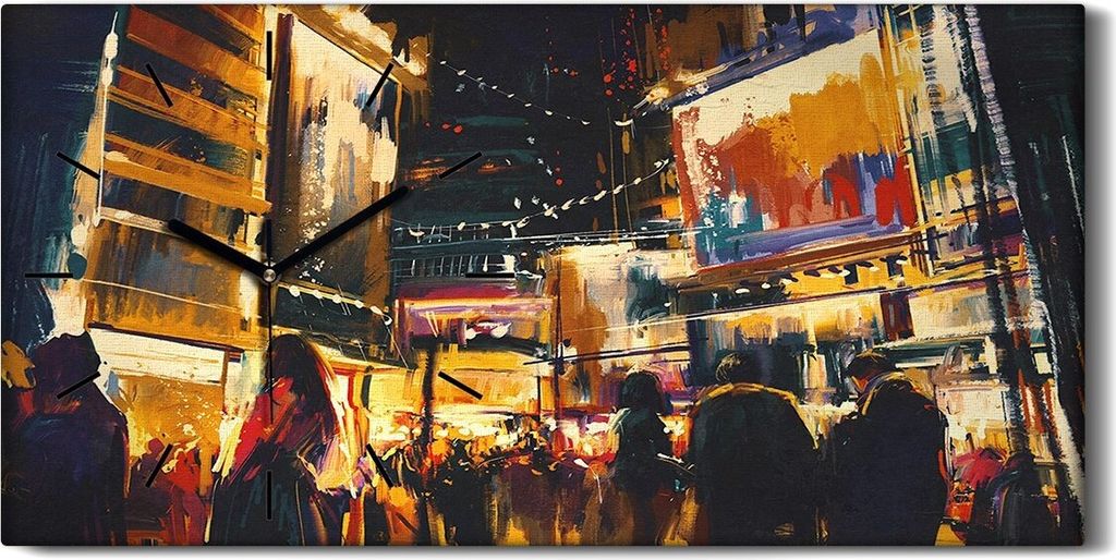 Leinwand Wanduhr Wandkunst Uhr 60x30 Bunte Stadt bei Nacht Digitale Malerei - schwarze Hände