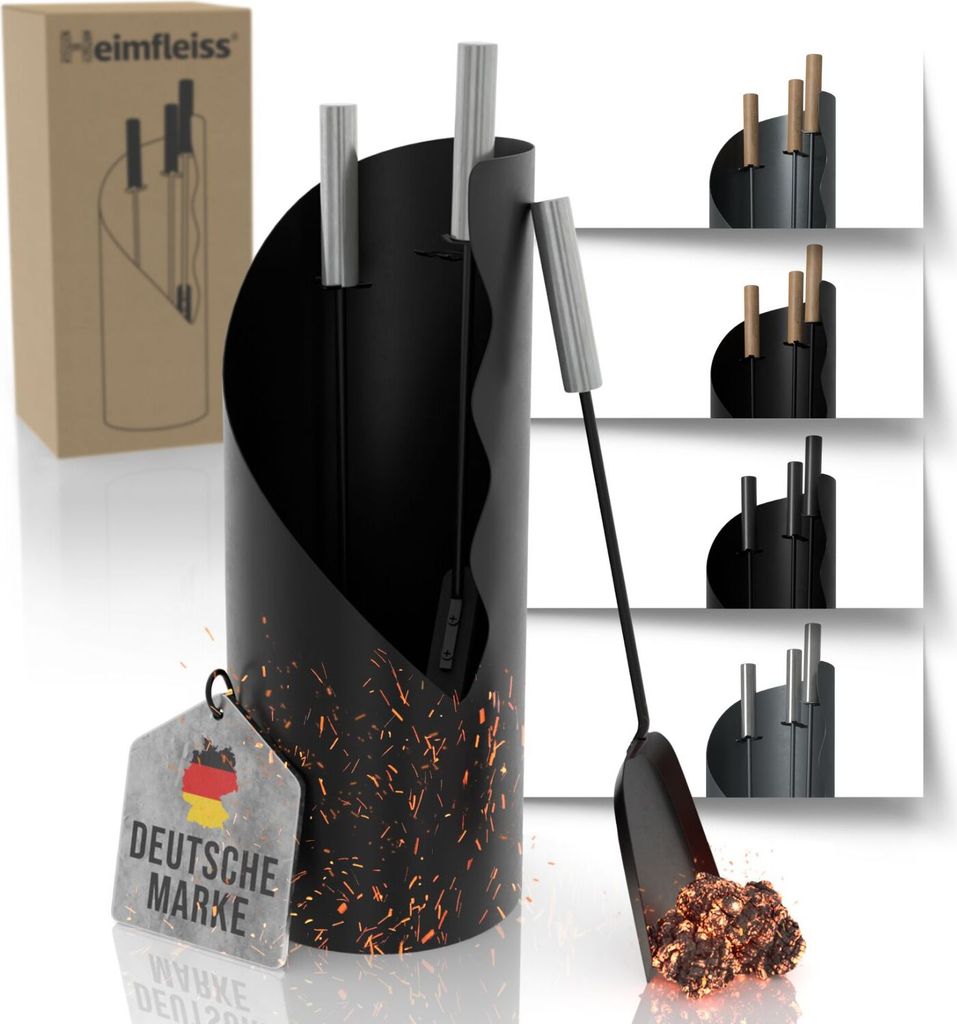 Heimfleiss Kaminbesteck Schwarz mit Edelstahlgriffen – Modernes Kaminzubehör, 4-teilig