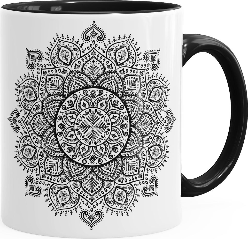 Kaffee-Tasse Mandala Ethno Boho Kaffeetasse Teetasse Keramiktasse mit Innenfarbe Autiga schwarz unisize