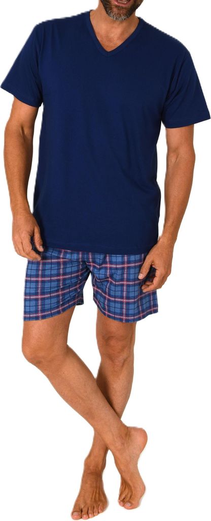 Normann Herren kurzarm Schlafanzug Shorty Pyjama Hose in Karo Optik - auch in Übergrößen ; marine , 54