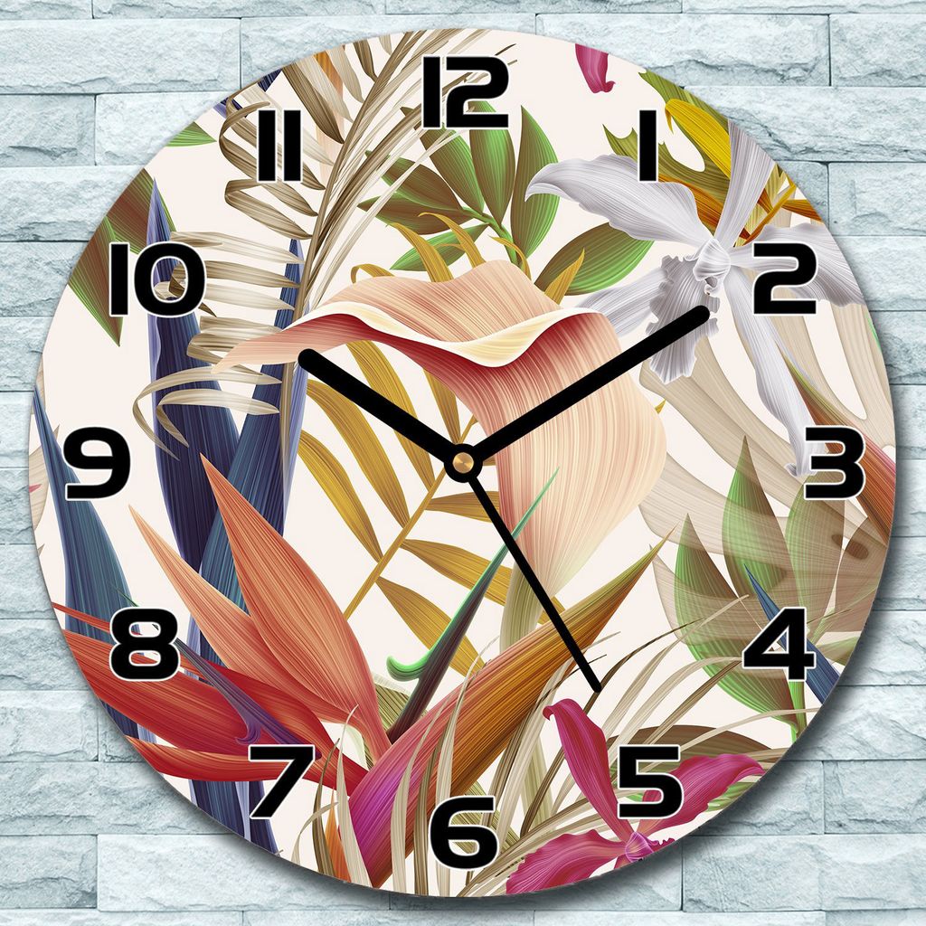 Wanduhr aus Glas Rund fi 30 Tropische farbenfrohe Pflanzen Produktbild 