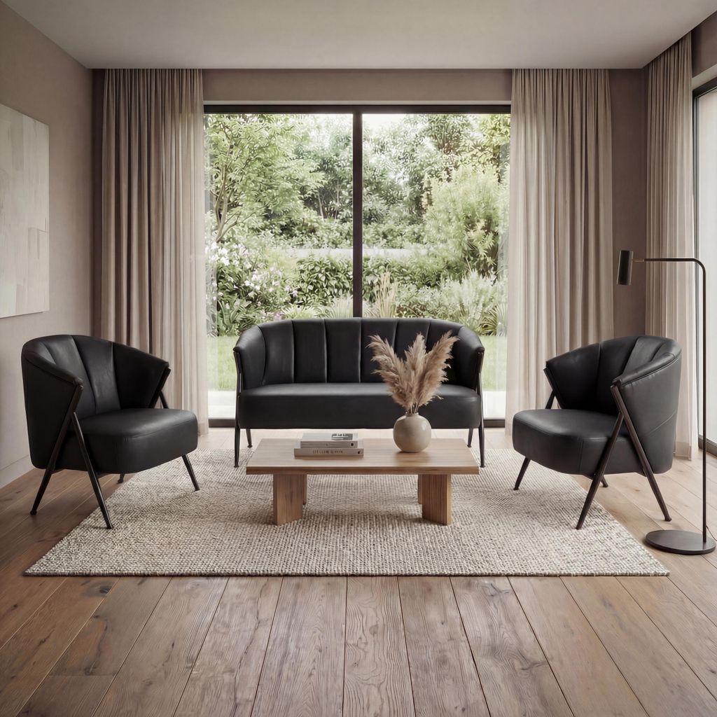 Wohnzimmer-Set MCW-P30, 2er-Sofa 2x Sessel, Vintage Retro Industrial Metall Kunstleder schwarz