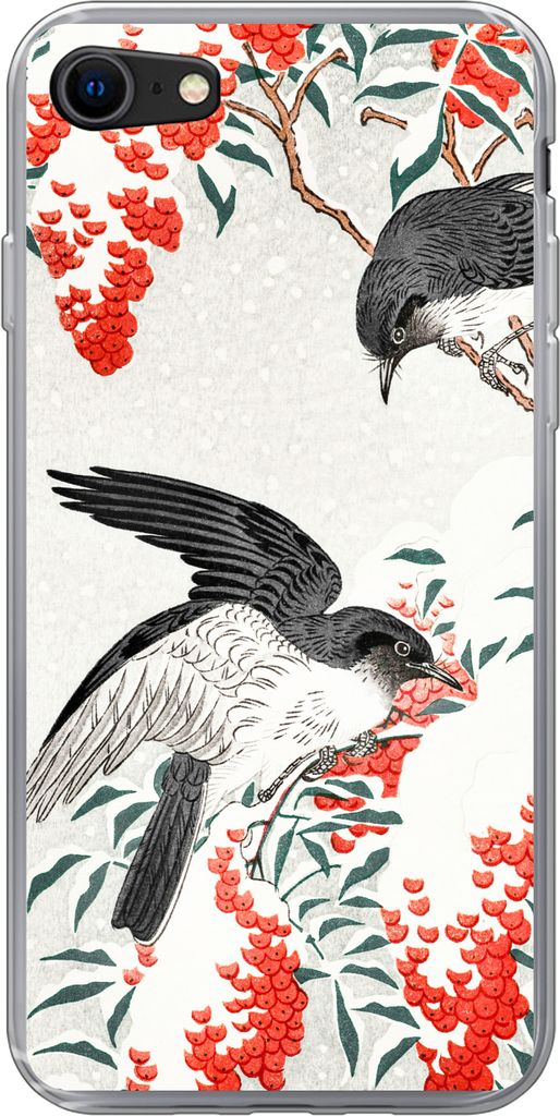 MuchoWow Handyhülle Schutzhülle Hülle für Telefoonhoesje iPhone 8 Japan - Schwalbe - Vögel - Beere - Vintage Silikon Softcase Handy Hülle -...
