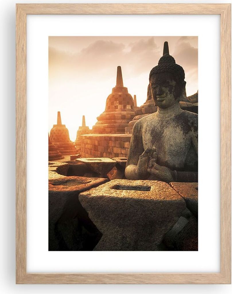 Gerahmtes Poster - Rahmen in heller Eiche - Buddha Glaube Asien - 30x40 cm - Wand Bild - Wanddeko - Wandbilder - Wandposter - Bilderrahmen - Bilder...