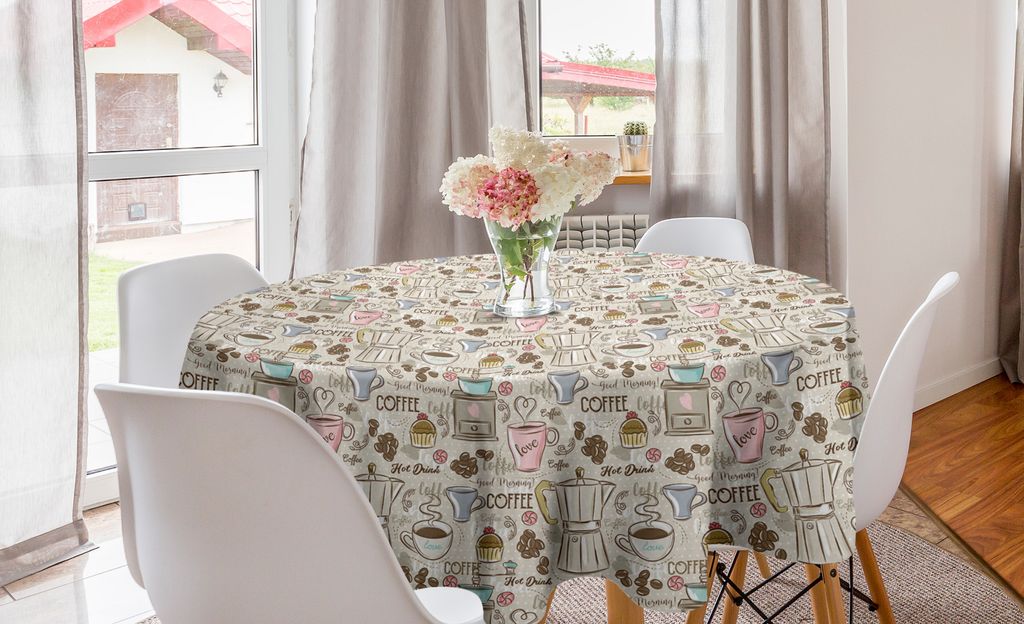 ABAKUHAUS Jahrgang Runde Tischdecke, Kaffee Espresso-Maschine, Kreis Tischdecke Abdeckung für Esszimmer Küche Dekoration, 150 cm, Pale Pink Beige