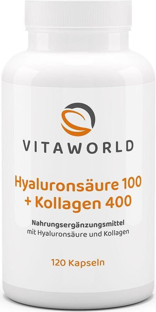 Vitaworld Hyaluronsäure 100 + Kollagen 400 | 120 Kapseln | Rein pflanzliche Hyaluronsäure | Bioaktive Kollagenpeptide | Hautpflege