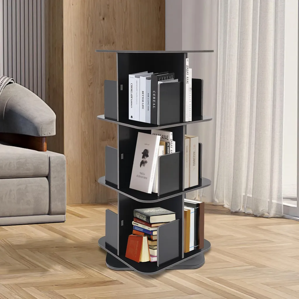 Bibliothèque pivotante 3 niveaux noire avec rotation fluide 360°