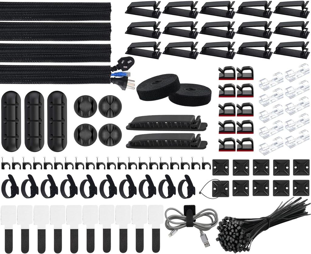 200-teiliges Kabelmanagement-Set, 4 Kabelschutzschläuche, 3 Kabelclips für den Schreibtisch, 10+2 Kabelbinder, 15 selbstklebende Kabelclips, 100 ...