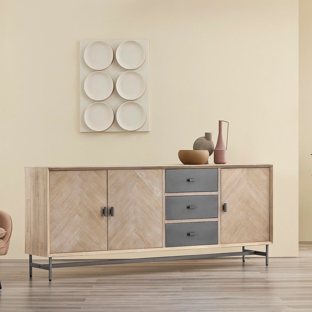 SoBuy Sideboard Kommode Küchenschrank 3 Schubladen & 3 Türen große Stauraumlösung mit Holzoptik Metallfüßen für Wohnzimmer & Flur vormontier...