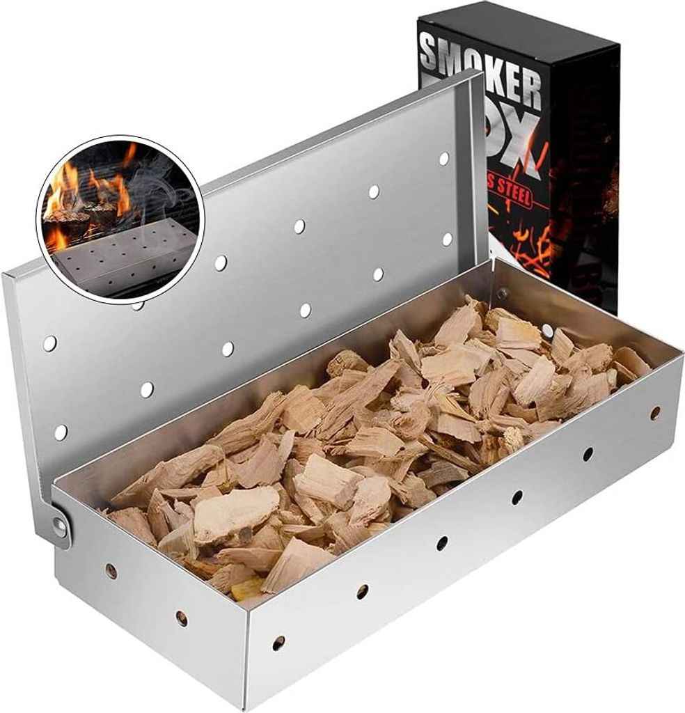 Räucherbox aus Edelstahl, Barbecue-Räucherbox zum Grillen von Fleisch und Fisch mit Holzkohle, robuste Räucherbox für Gas-/Holzkohlegrill – S...