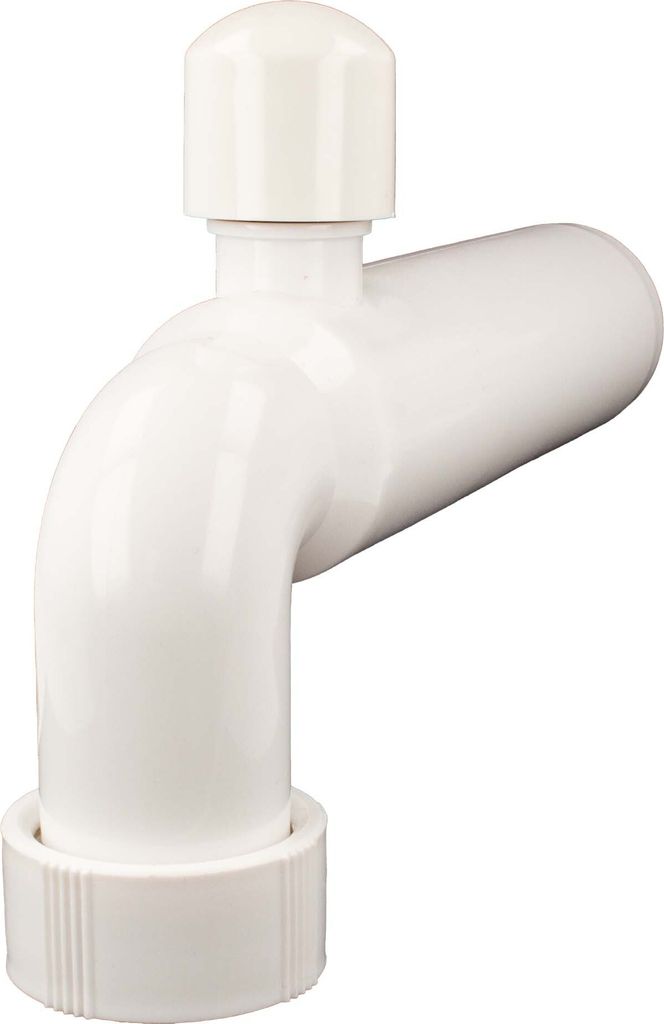 A white plastic pipe fitting with a cap on top and a threaded connection at the bottom.