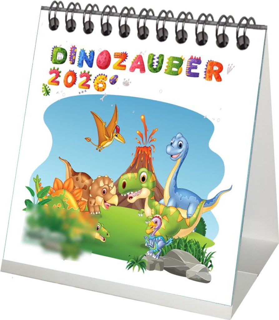 Dinozauber Tischkalender 10cm x 10cm für 2026 Dinosaurier - Geschenkset Inhalt: 1x Kalender 1x Weihnachtsanhänger 1x Grußanhänger (gesamt 3 Teile)