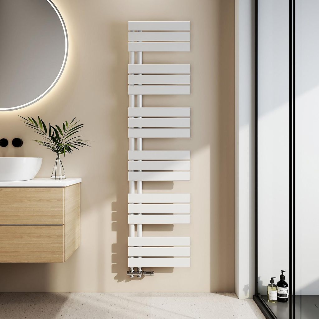 A modern bathroom setting with a sink, vanity, and a white towel radiator.