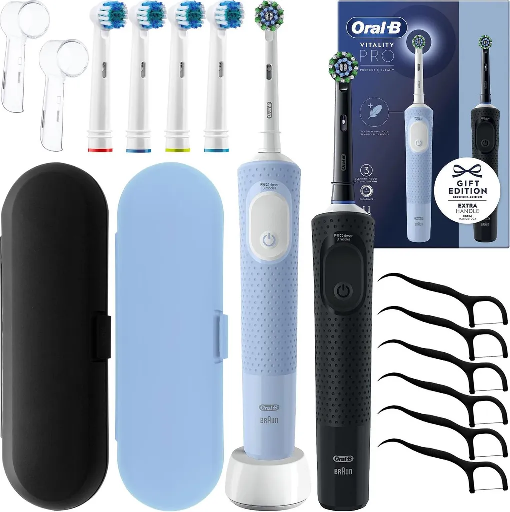 Spazzolino elettrico Oral-B Vitality Pro D103 Duo Nero/Blu + 4 ricambi di precisione + 2x custodia + 2x tappi - 2