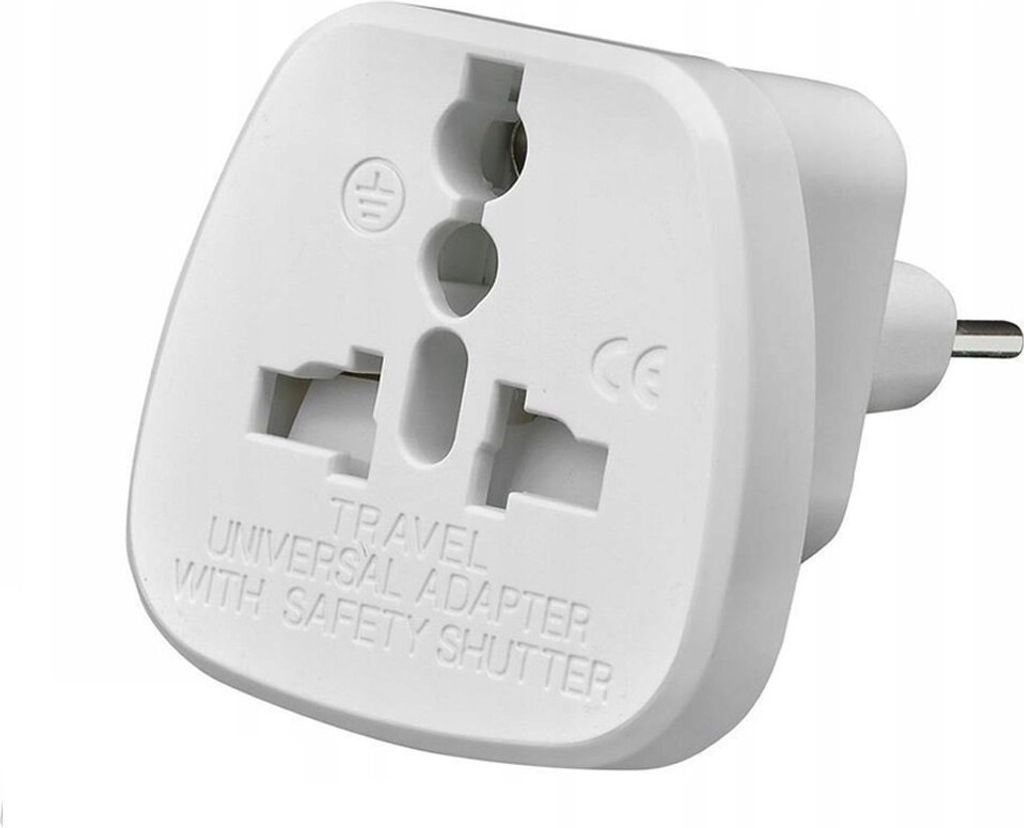 A white universal travel adapter is shown against a white background.
