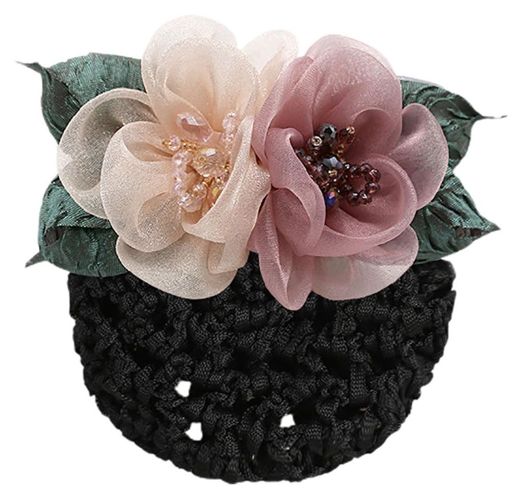 Elastisches, elegantes Haarnetz für Damen mit Schleife, Blumen und Perlen, Dutt-Haargummi, Haarstyling-Accessoires