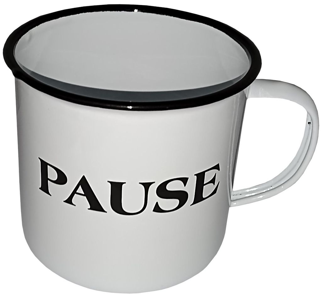 Becher aus Emaille Pause 0,7l antikweiß Kaffeebecher Teebecher Kakaobecher Tasse