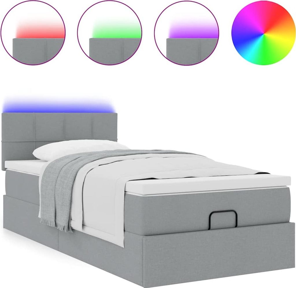 Ottomane Bett mit Matratze & LEDs Hellgrau 90x200 cm Stoff
