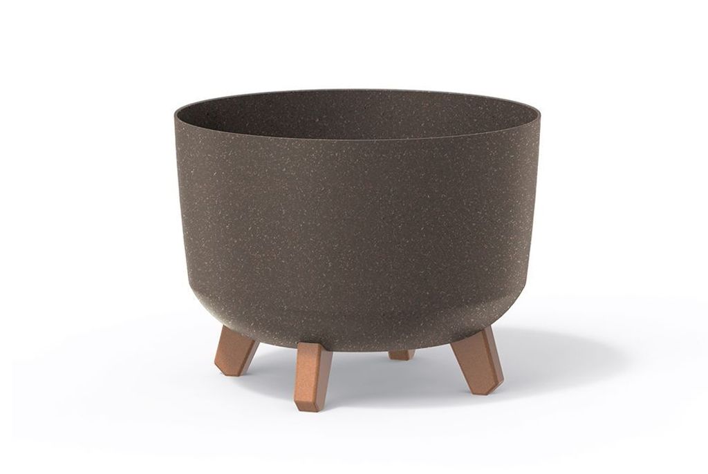 A brown planter pot with wooden legs on a white background.