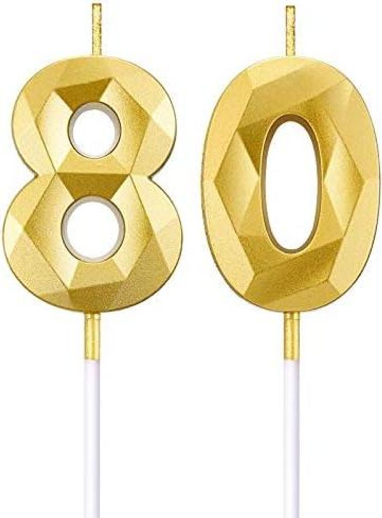 BBTO 80. Geburtstag Zahlen Kerzen, Gold, 2 Stück, 5 cm, unparfümiert, modern, numerical, unisex, Dekoration, Feier, Ungiftig, Kerze, Ganzjährig