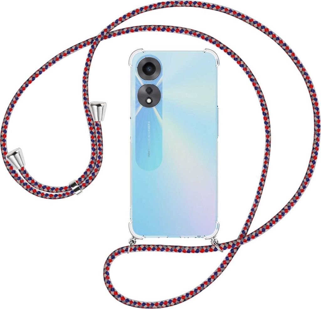 Handykette Backcover-Schutzhülle mit Band (Metall silberfarben) für Oppo A58 5G, Oppo A78 5G (6.56'') - silber/blau/rot