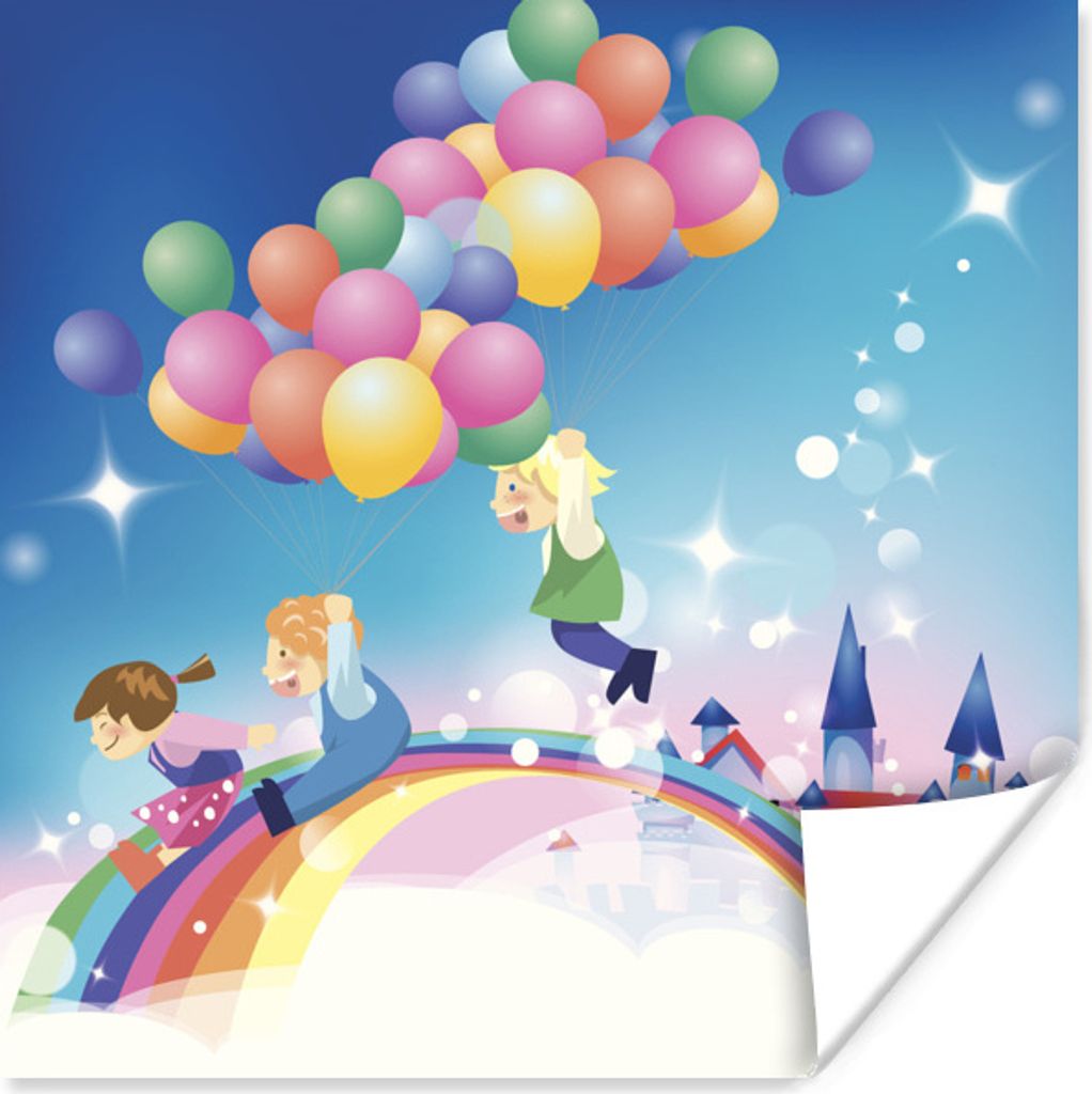 MuchoWow Poster Eine Illustration eines Mädchens mit Luftballons in Regenbogenfarben 75x75 cm - Wand Dekoration