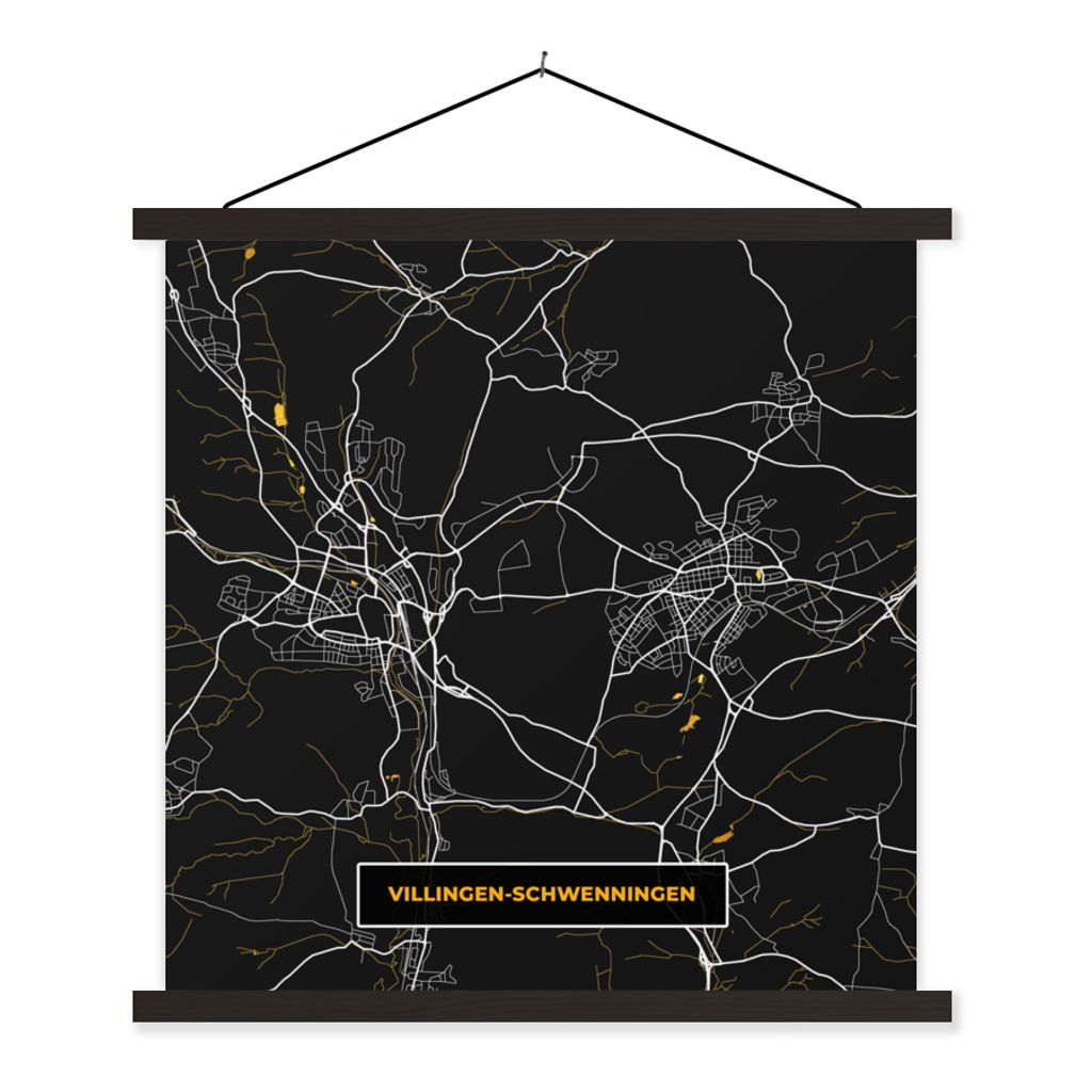 MuchoWow Textilposter Deutschland - Schwarz und Gold - Villingen Schwenningen - Stadtplan - Karte 60x60 cm mit schwarzem Rahmen - Posteraufhänger