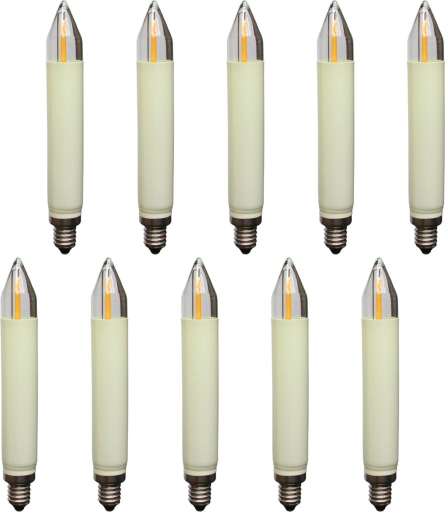 A top-down view of ten LED filament candle bulbs arranged in two rows on a white background.