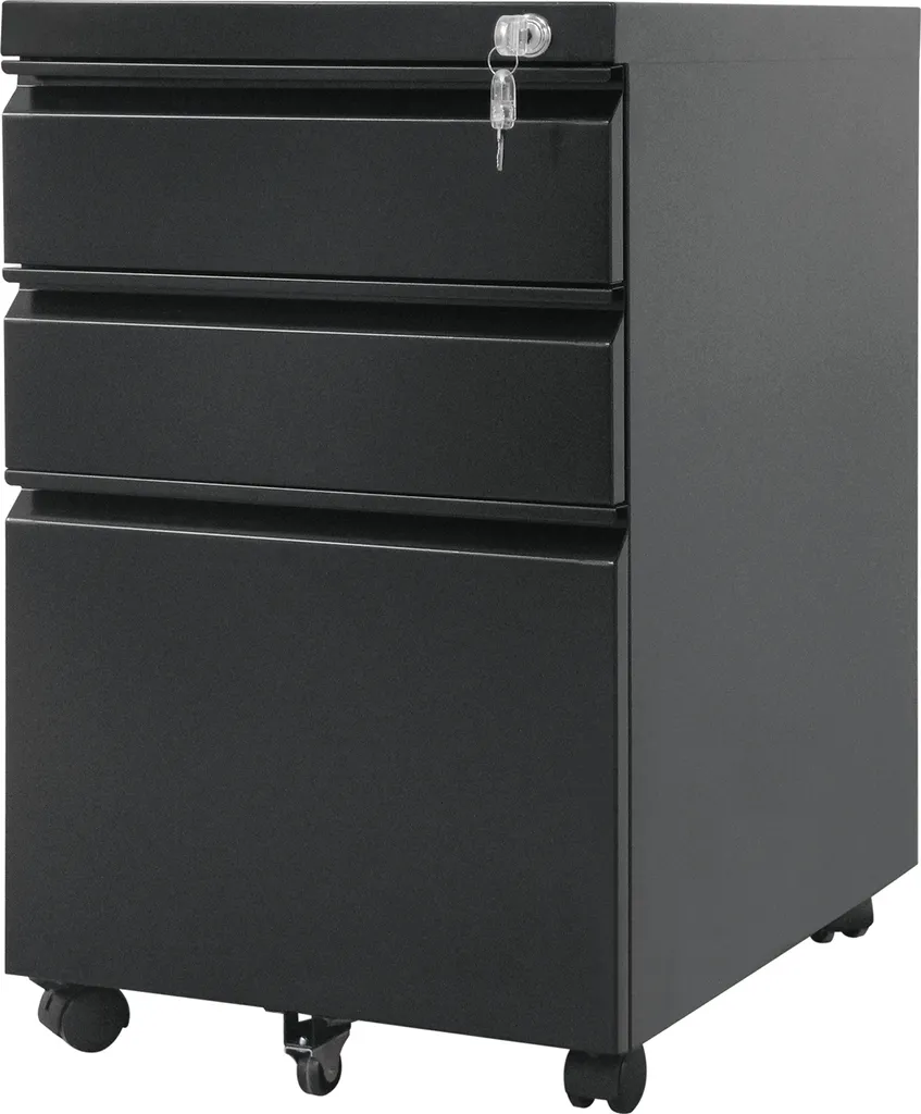 Caisson de bureau 3 tiroirs avec serrure et roulettes acier noir mat