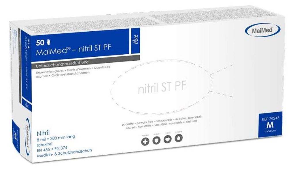 MaiMed-nitril ST PF Gr. M, blau, unsteril Schutzhandschuhe puderfrei, Stärke 8mil 50 St./Box | Box (50 Stück)