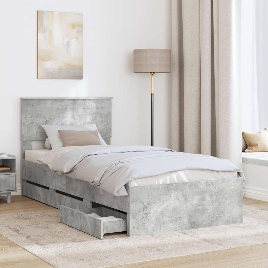 Cloris Designermöbel Bettrahmen mit Kopfteil Beton Grau 90 x 200cm Ingenieurs Holz - 2026Neu750546 - Klassische BettenJugendbett Tagesbett