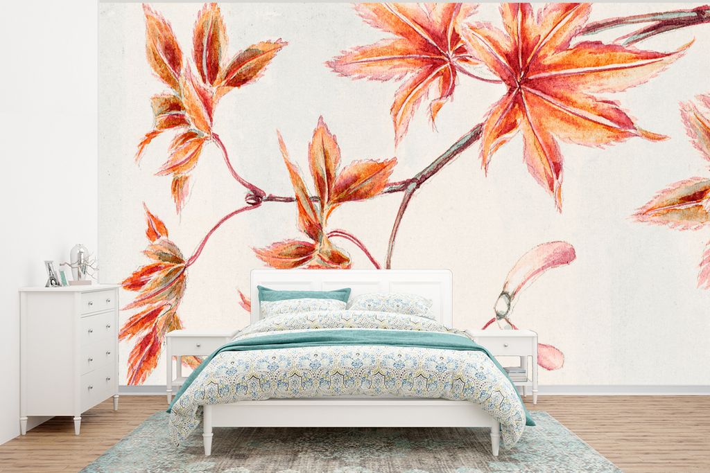 MuchoWow Fototapete für Wohnzimmer oder Schlafzimmer Wandtapete Vinyl Motivtapete Vintage - Japanischer Ahorn - Blätter - 375x280 cm - Schlafzi...