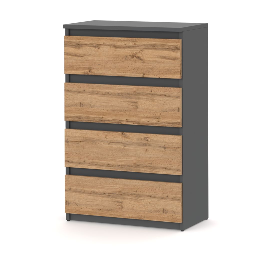 STIV Möbel | Kommode mit 4 Schubladen | Grau Matt / Eiche Wotan | 60 cm | modern & grifflos | für Wohnzimmer & Schlafzimmer