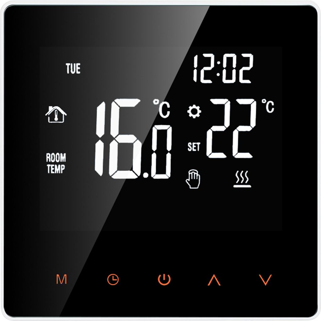 A digital thermostat display showing temperature, time, and icons.