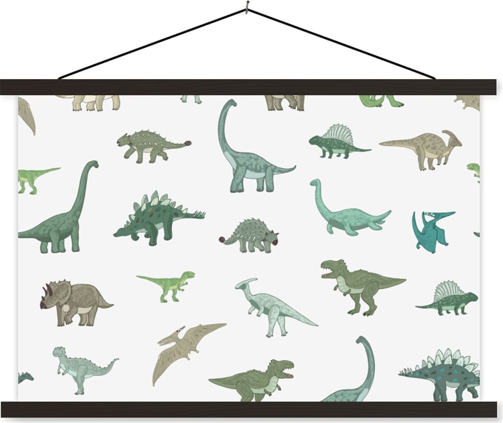 MuchoWow Textilposter Dinosaurier - Grün - Jungen - Braun - Kind - Muster 60x40 cm mit schwarzem Rahmen - Hölzernes