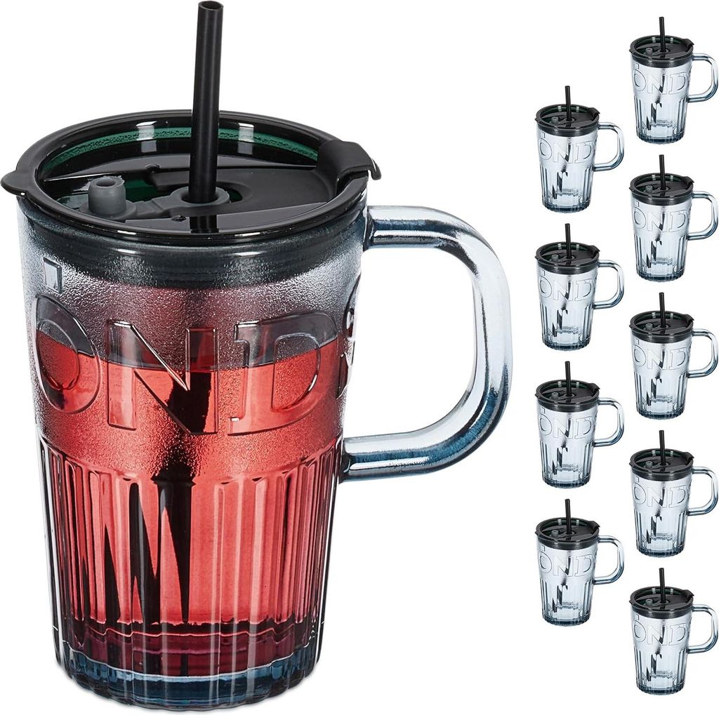 Relaxdays Trinkgläser 10er Set, Getränkebecher mit Deckel & Produktbild 