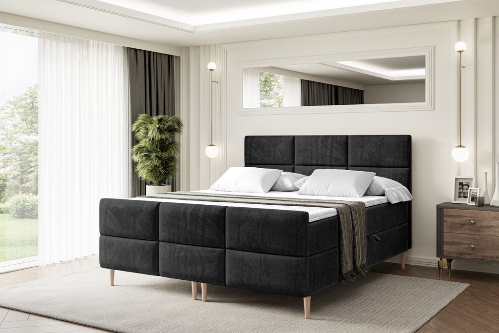 ALTDECOR Boxspringbett mit Holz Füßen, Matratze und Lattenrost, Topper, Fußteil, Polsterbett mit Bettkasten, Bett mit Stauraum H3-Matratze, Dopp...