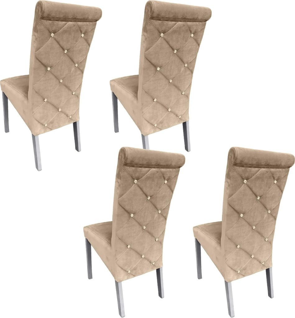 Ares Meble Esszimmerstühle 4er Set K6 - Esszimmerstuhl Holz - Essen Stuhl - Esstisch Stühle Glamour - Samt Beige - Weiß