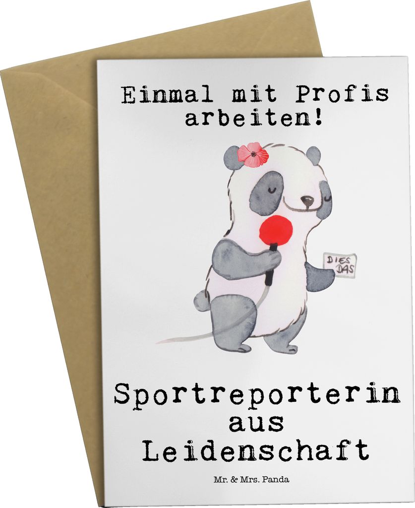 Mr. & Mrs. Panda Grußkarte Sportreporterin Leidenschaft - Weiß - Geschenk, Grußkarten, einladungskarten, hochzeitskarten, osterkarte, weihnachts...