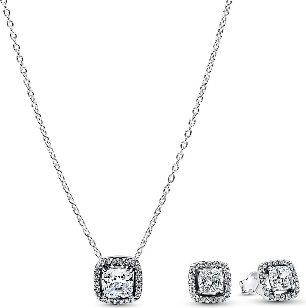 Ensemble Pandora Argenté Carré Scintillant Auréole Luxueux 21127