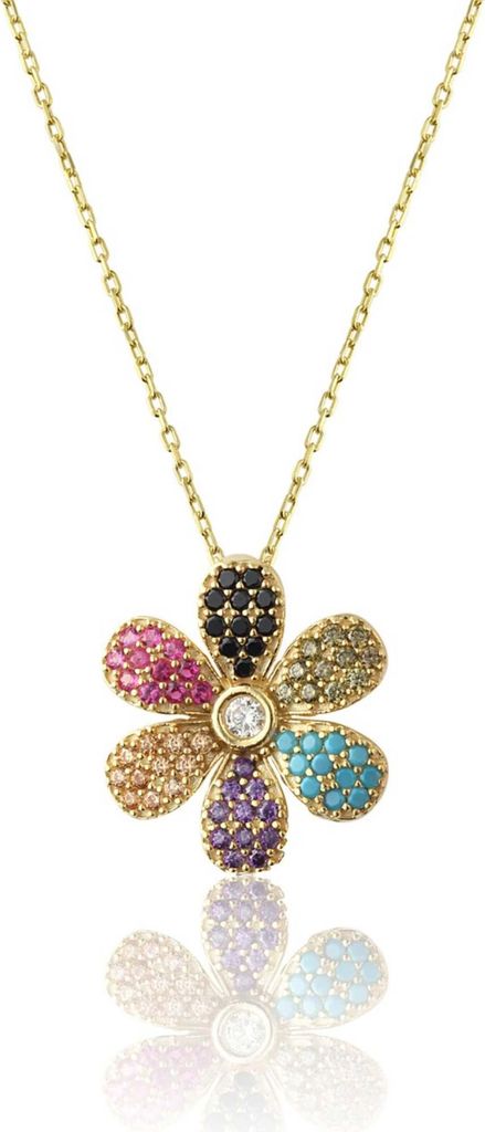 925 Silber Kette Gänseblümchen – Damen Collier bunte Blume Anhänger Rosegold Zirkonia