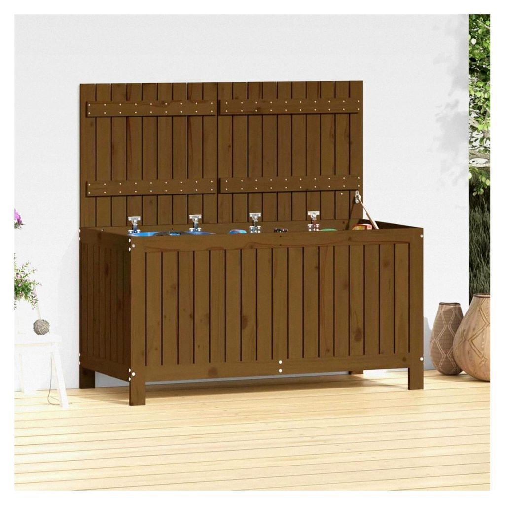 Gartentruhe Honigbraun 121x55x64 cm aus massivem Kiefernholz, Aufbewahrungsbox für Balkon, Terrasse und Garten