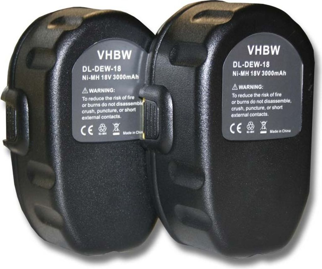 vhbw 2x Akku kompatibel mit Dewalt DC527 FlashLight, DC608K, DC530KA, DC608B, DC550KA, DC546K, DC545K, DC550B, DC550 Werkzeug (3000 mAh, NiMH, 18 V)