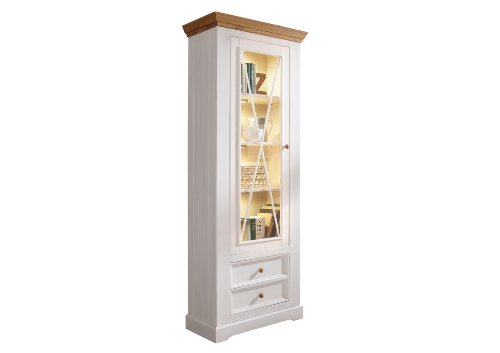 Vitrine "WZ-0133" aus Kiefer massiv in weiß mit 2 Schubladen und einer Tür. Abmessungen (BxHxT) 79x214x42 cm