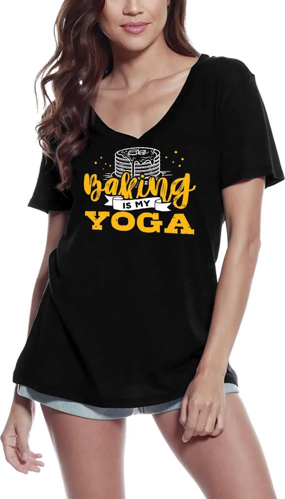 Damen Grafik T-Shirt V-Ausschnitt Backen ist mein Yoga - Kuchen backen – Baking Is My Yoga - Cooking Cake – Öko-Verantwortlich Vintage Jahrgang