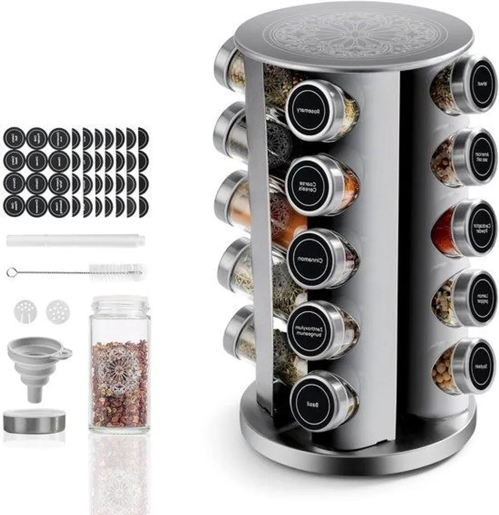 Présentoir à épices rotatif en inox avec 16 flacons en verre hermétiques