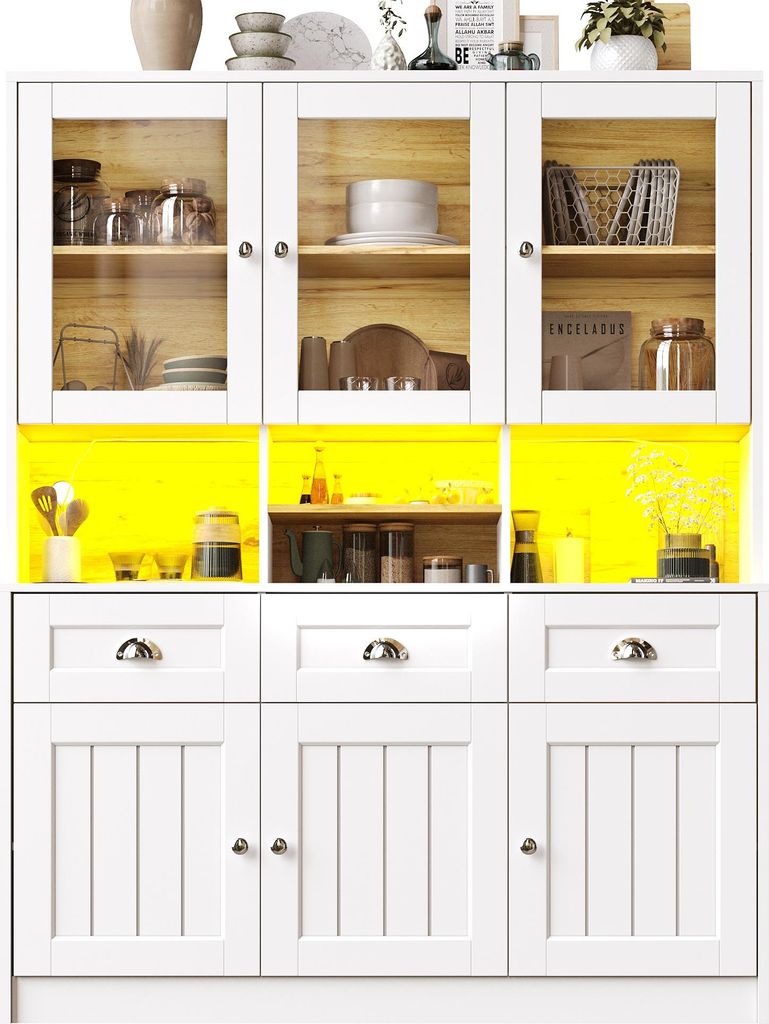 Küchenschrank(140×40×175cm), Hochschrank Küchenbuffet, Vitrinenschrank, Buffetschrank mit Verstellbaren Ablagen, Sideboard mit LED-Beleuchtung,...